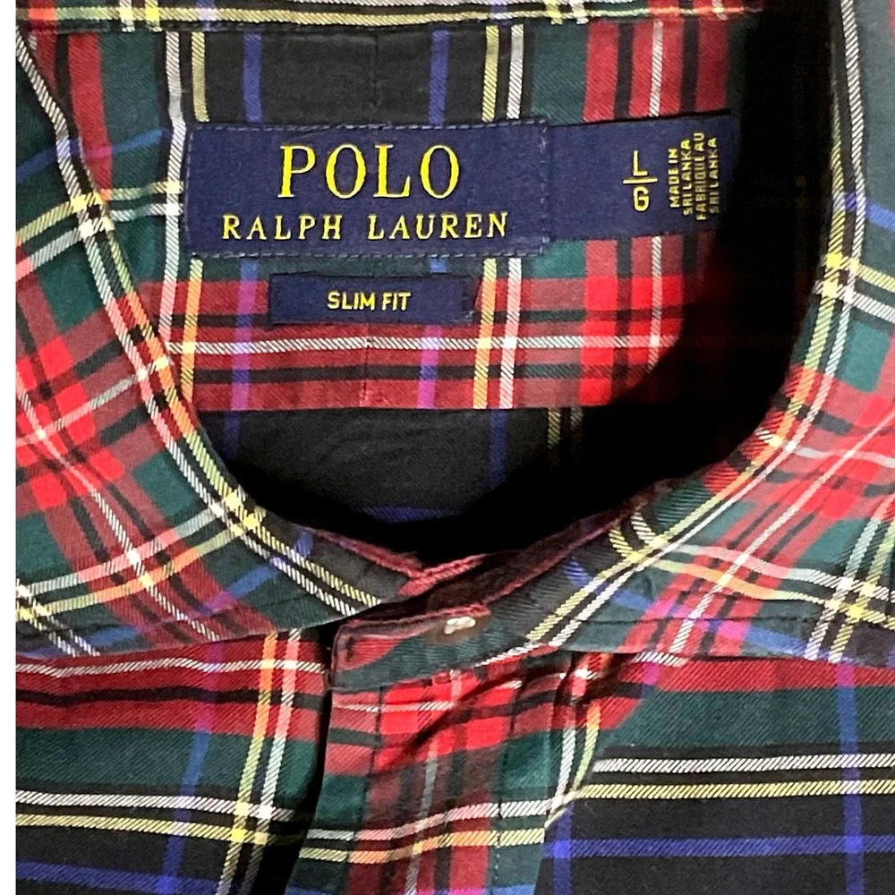 Polo Ralph Lauren men's tartan plaid button shirt slim fit cotton red blue Large